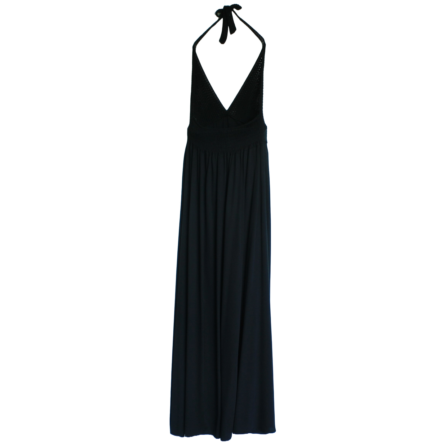 Suknelė juoda, ilga, užrišama per kaklą, su nėriniais